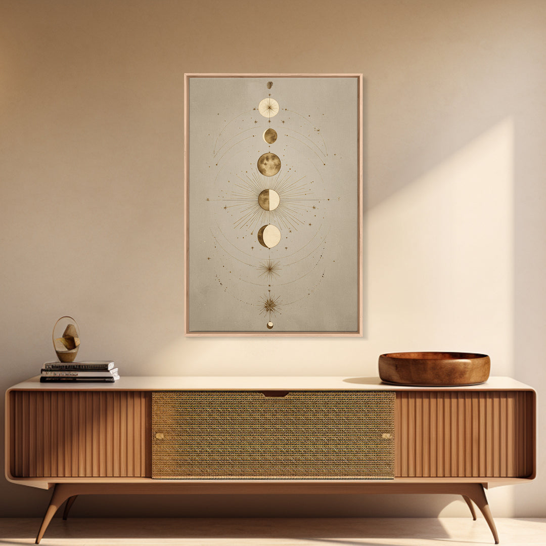 Gold Moon Phases Celestial Wall Art, Mystical Astrology Canvas Print, Boho Lunar Decor For Bedroom Or Meditation Room Decor