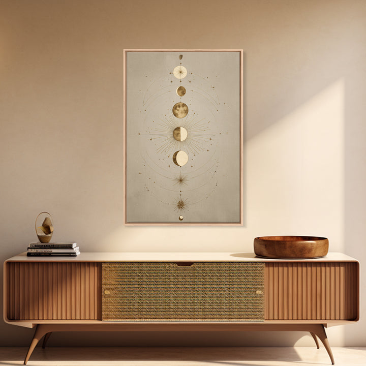 Gold Moon Phases Celestial Wall Art, Mystical Astrology Canvas Print, Boho Lunar Decor For Bedroom Or Meditation Room Decor