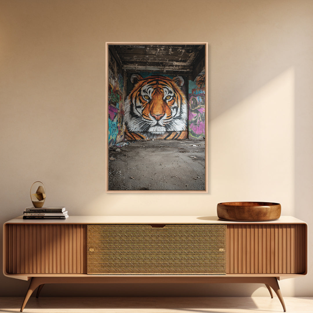 Vibrant Tiger Mural Street Art Urban Wall Art Perfect Framed Canvas Print For Eclectic Living Room Decor Or Gift