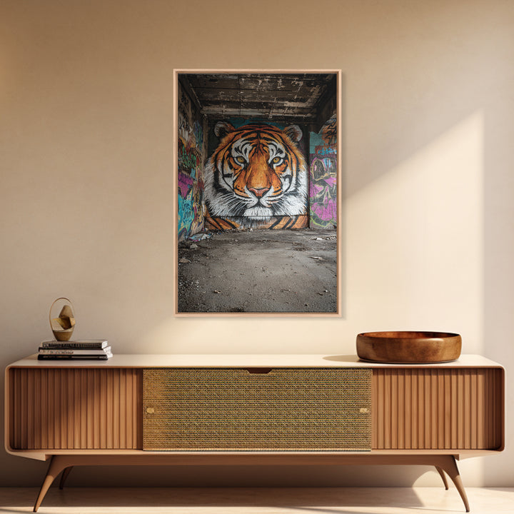 Vibrant Tiger Mural Street Art Urban Wall Art Perfect Framed Canvas Print For Eclectic Living Room Decor Or Gift