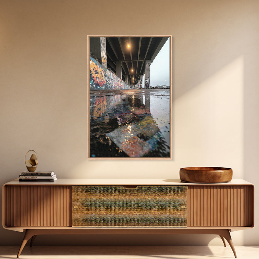 Urban Street Art Graffiti Under Bridge Reflected In Water Puddles Downtown Photographic Wall Art