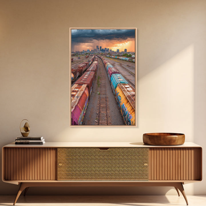 Train Yard Industrial Landscape With Rusty Graffiti Paintings | Contemporary Wall Art Urban Decor Framed Canvas Print