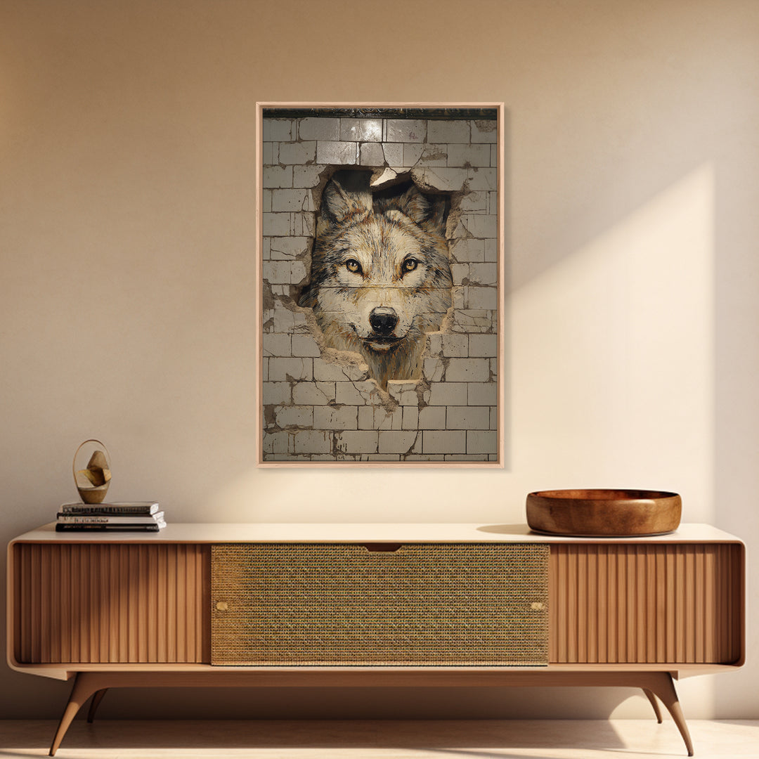 Lion Portrait Painted On Broken Wall Tiles Urban Street Art Mural Wall Art Framed Canvas Print For Edgy Home Decor