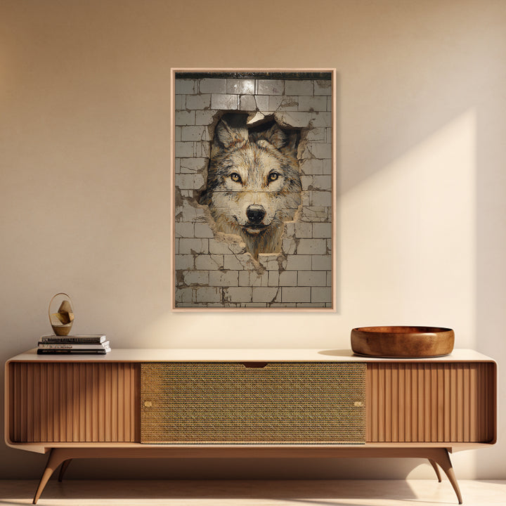 Lion Portrait Painted On Broken Wall Tiles Urban Street Art Mural Wall Art Framed Canvas Print For Edgy Home Decor