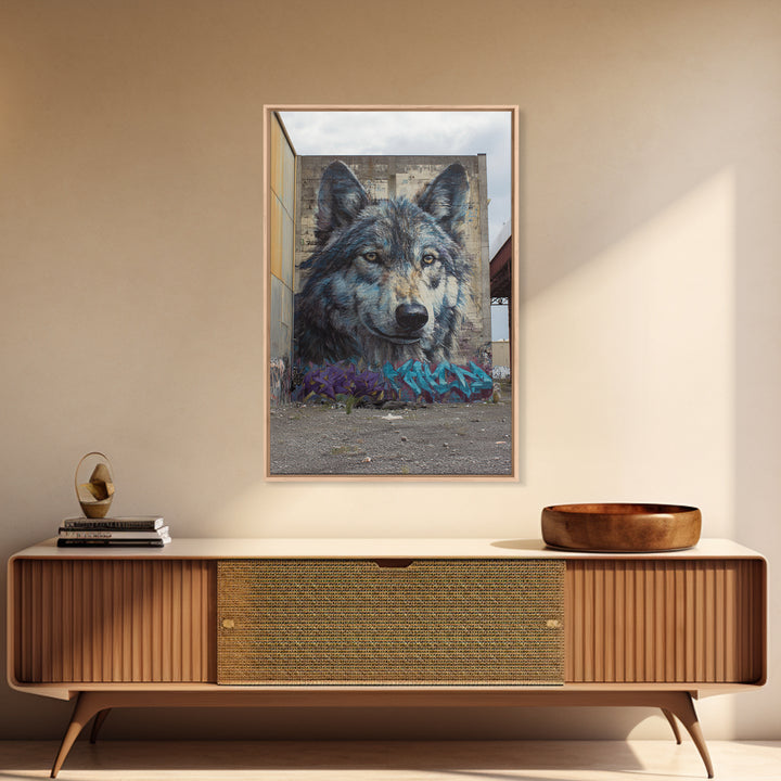 Massive Wolf Mural Graffiti On Urban Wall Featuring Detailed Animal Portrait Vibrant Street Art Print