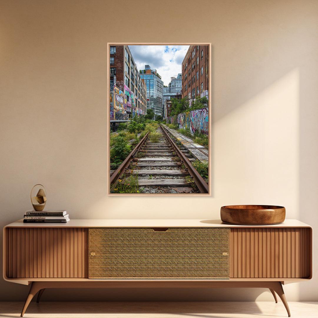 Urban Overgrown Railway Track Between Graffiti Walls In City - Contemporary Wall Art Canvas Print For Modern Decor