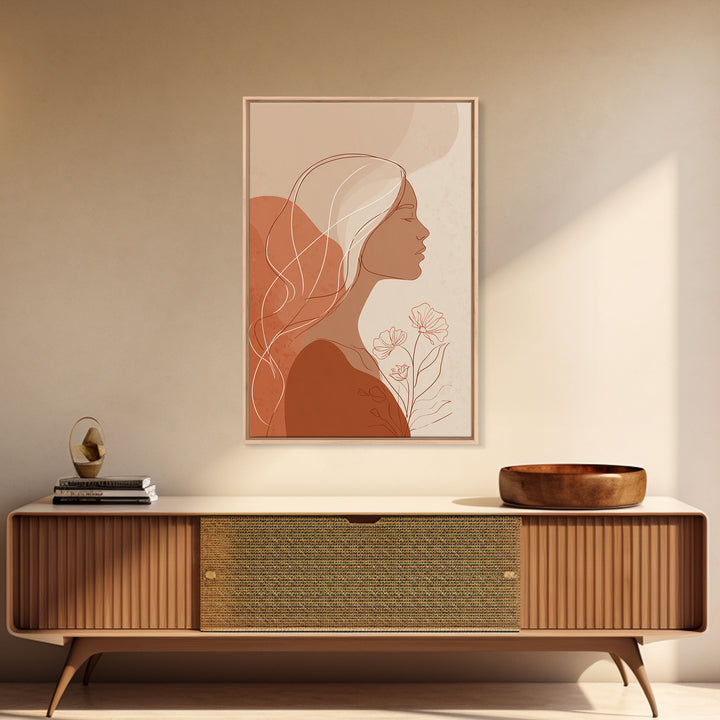 Minimalist Woman Profile With Flowers Wall Art, Terracotta Line Art Canvas Print, Feminine Boho Bedroom Decor Gift For Her