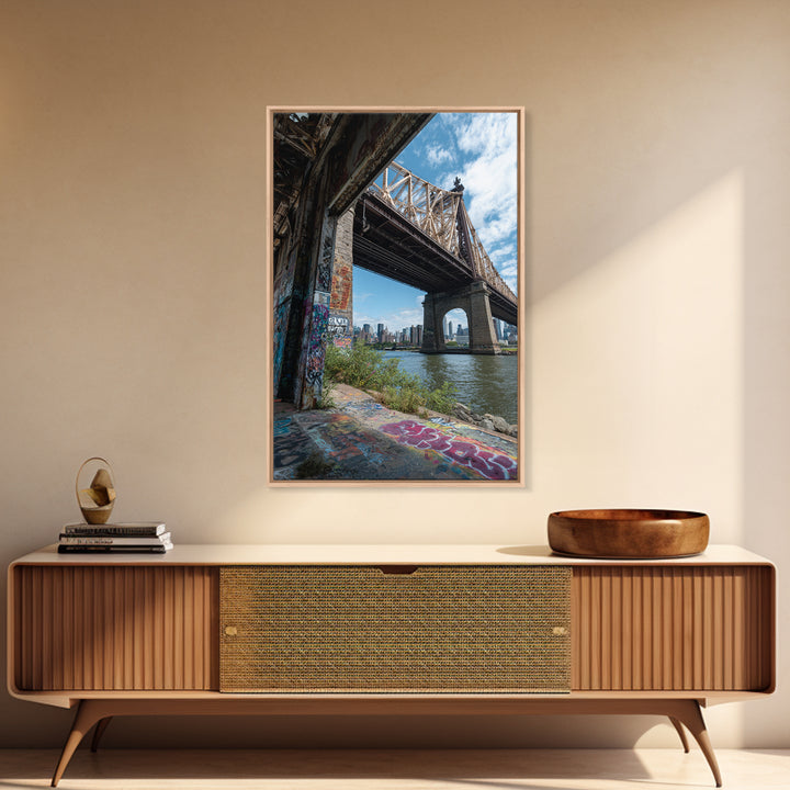 Urban Bridge And Graffiti Wall Over River Cityscape Photography Canvas Print Wall Art For Living Room Or Office Decor