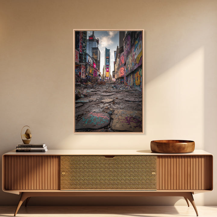 Post Apocalyptic Times Square Urban Ruins Photography Wall Art Print With Graffiti And Debris For Modern Home And Office Decor