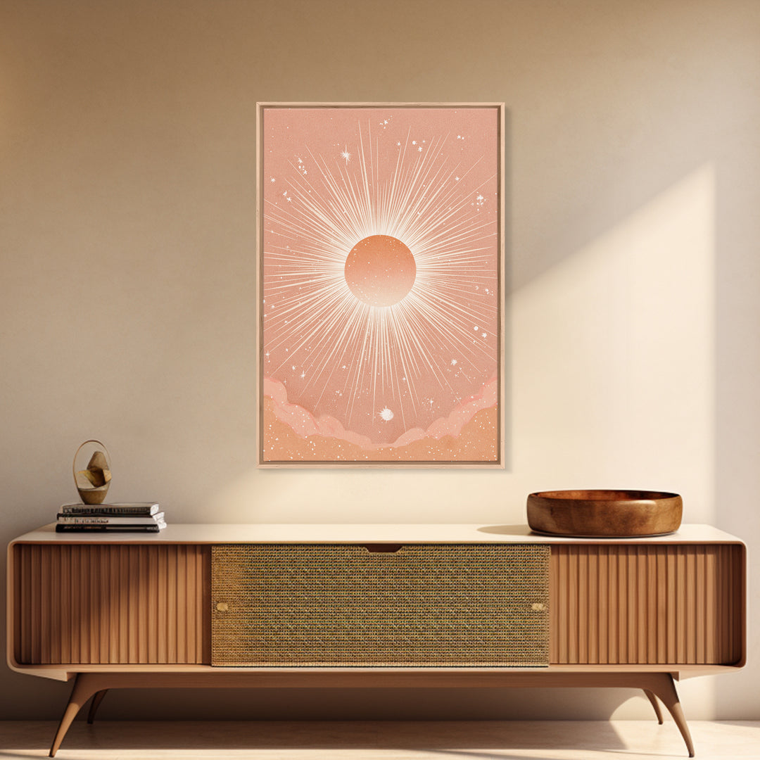 Radiant Peach Sunburst Celestial Wall Art, Boho Sun And Moon Art Print, Warm Neutral Bedroom Decor, Gift For Her, Modern Home Decor