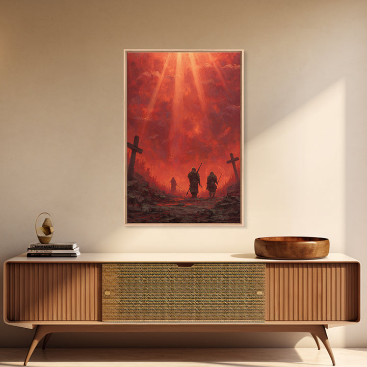 Fiery Red Apocalypse Scene With Warriors And Crosses Dramatic Fantasy Art Canvas Print Perfect Statement Wall Art For Home Decor