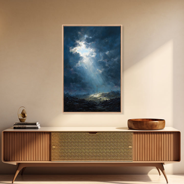 Cave Entrance View Overlooking Serene Mountain Landscape With Sunlight Rays Oil Painting Wall Art For Nature Lover Gift