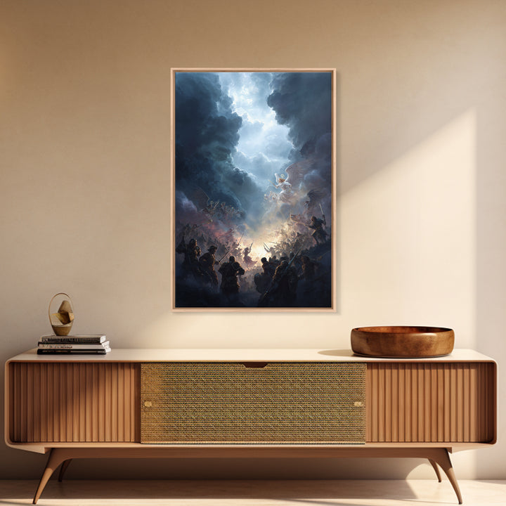 Epic Battle Between Angels Warriors In Dramatic Sky Fantasy Artwork Wall Art Framed Canvas Print For Home Decor
