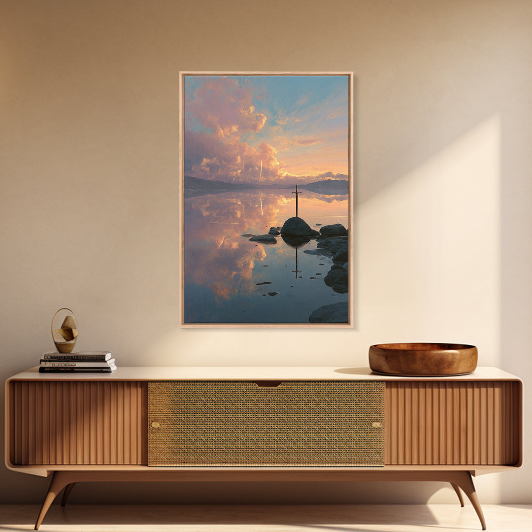 Sunset Over Calm Lake With Reflective Clouds And A Lone Sword Creative Canvas Print Wall Art For Home And Office Decoration