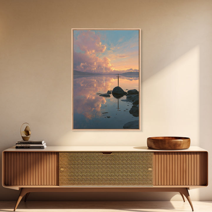 Sunset Over Calm Lake With Reflective Clouds And A Lone Sword Creative Canvas Print Wall Art For Home And Office Decoration