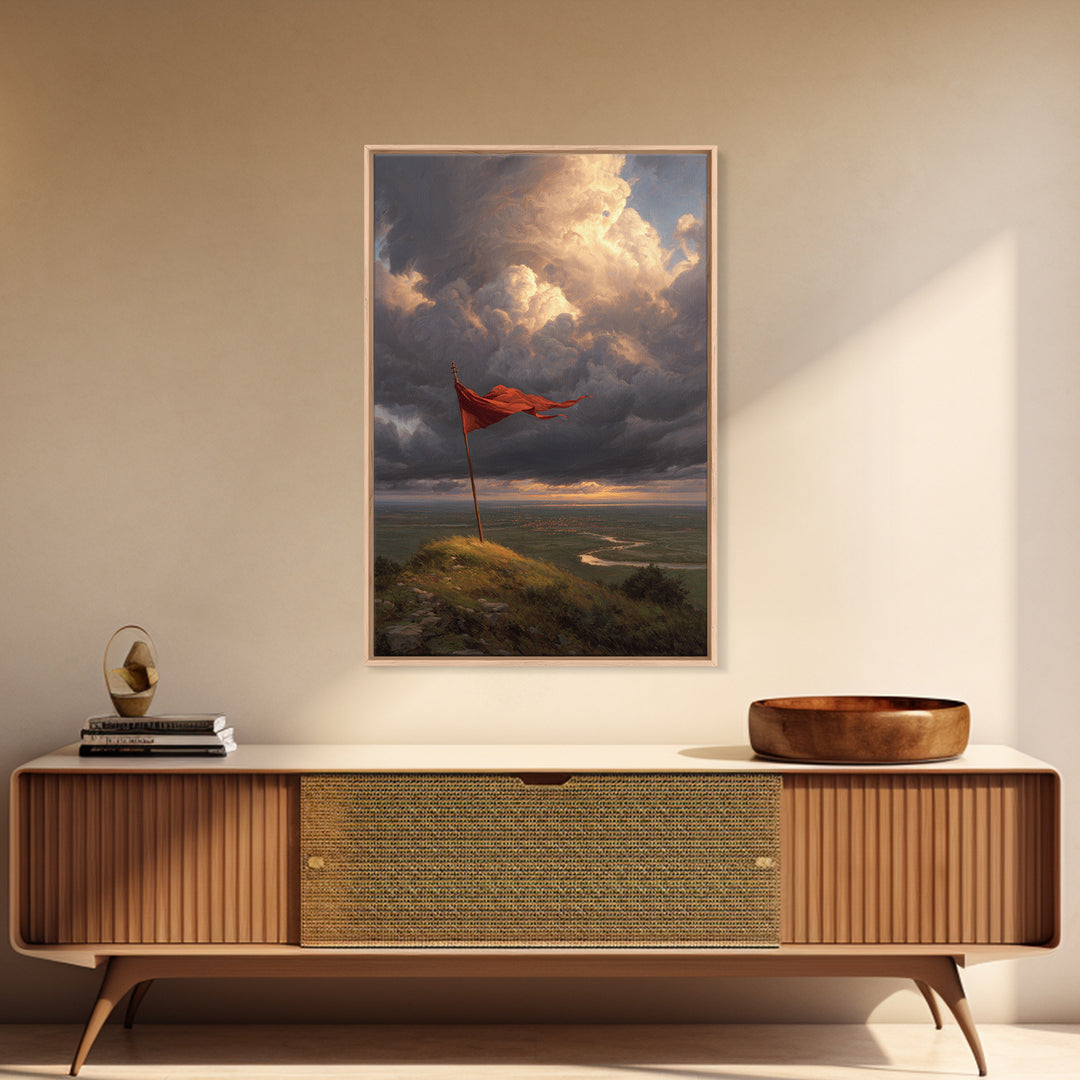 Majestic Flag On Hill Stormy Sky Landscape Painting Wall Art Rustic Home Decor Canvas Print For Living Room And Office