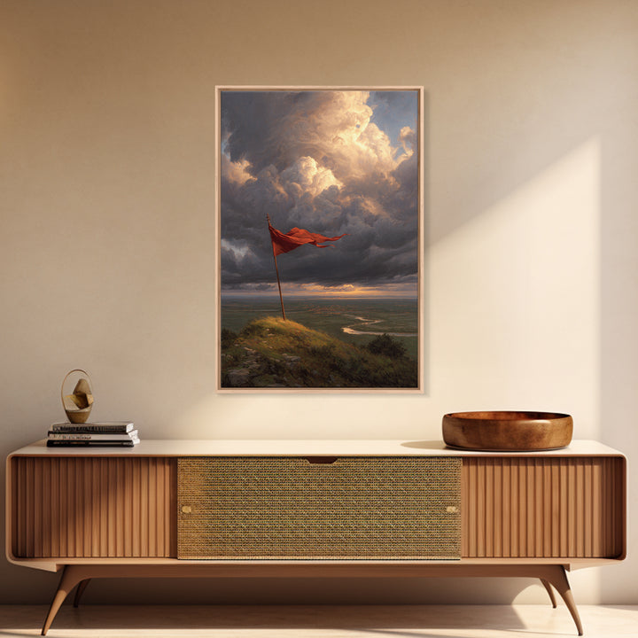 Majestic Flag On Hill Stormy Sky Landscape Painting Wall Art Rustic Home Decor Canvas Print For Living Room And Office