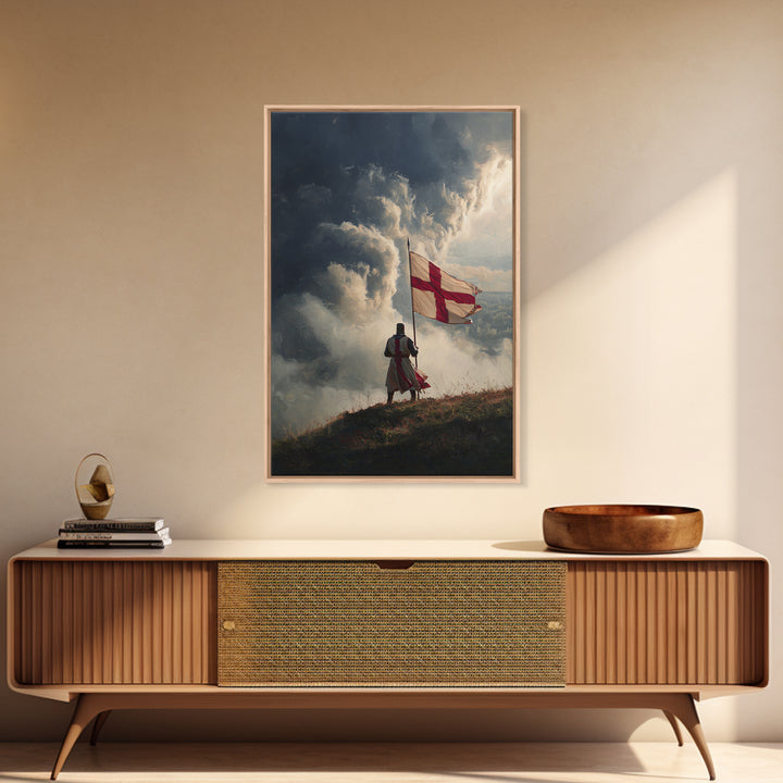 Epic Angelic Warrior In Golden Armor Holding Sword Against Stormy Sky Dramatic Religious Wall Art Framed Canvas Print