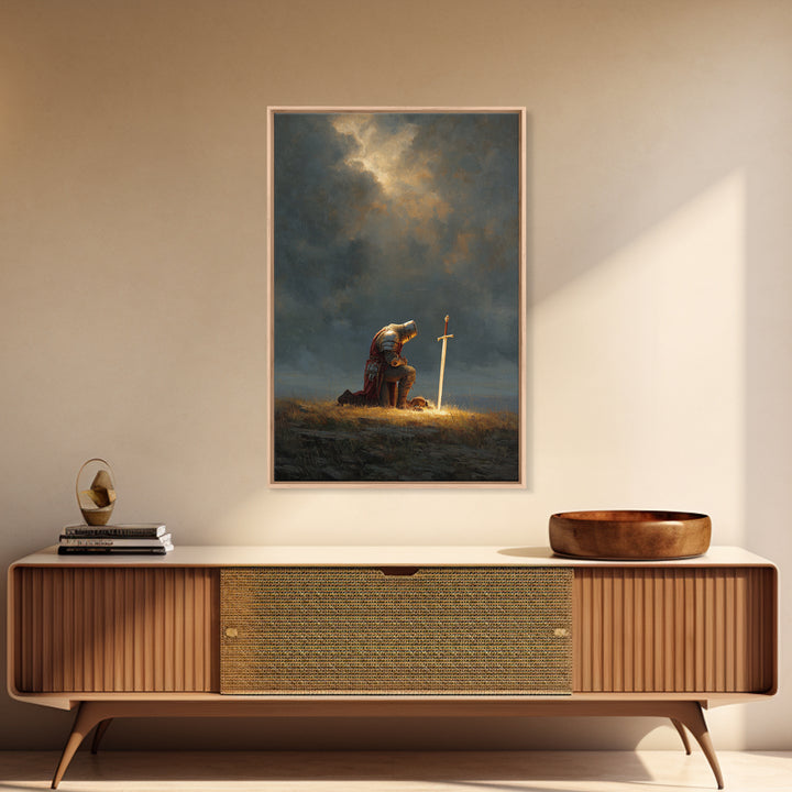 Knight Kneeling Beside Sword With Stormy Sky Dramatic Medieval Armor Wall Art Canvas Print For Office Decor