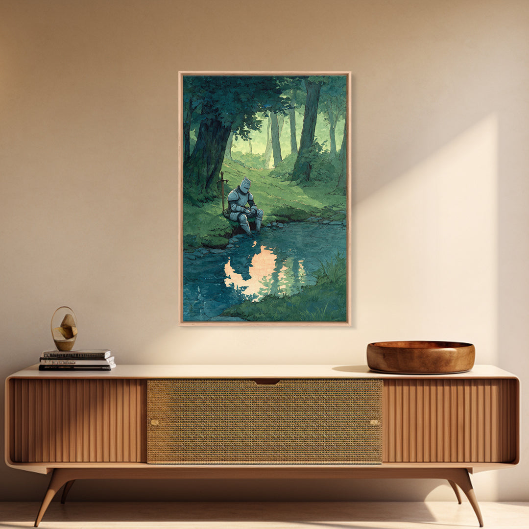 Solitary Knight In Medieval Armor Sitting Beside Forest Stream Original Wall Art With Contemporary And Fantasy Decor