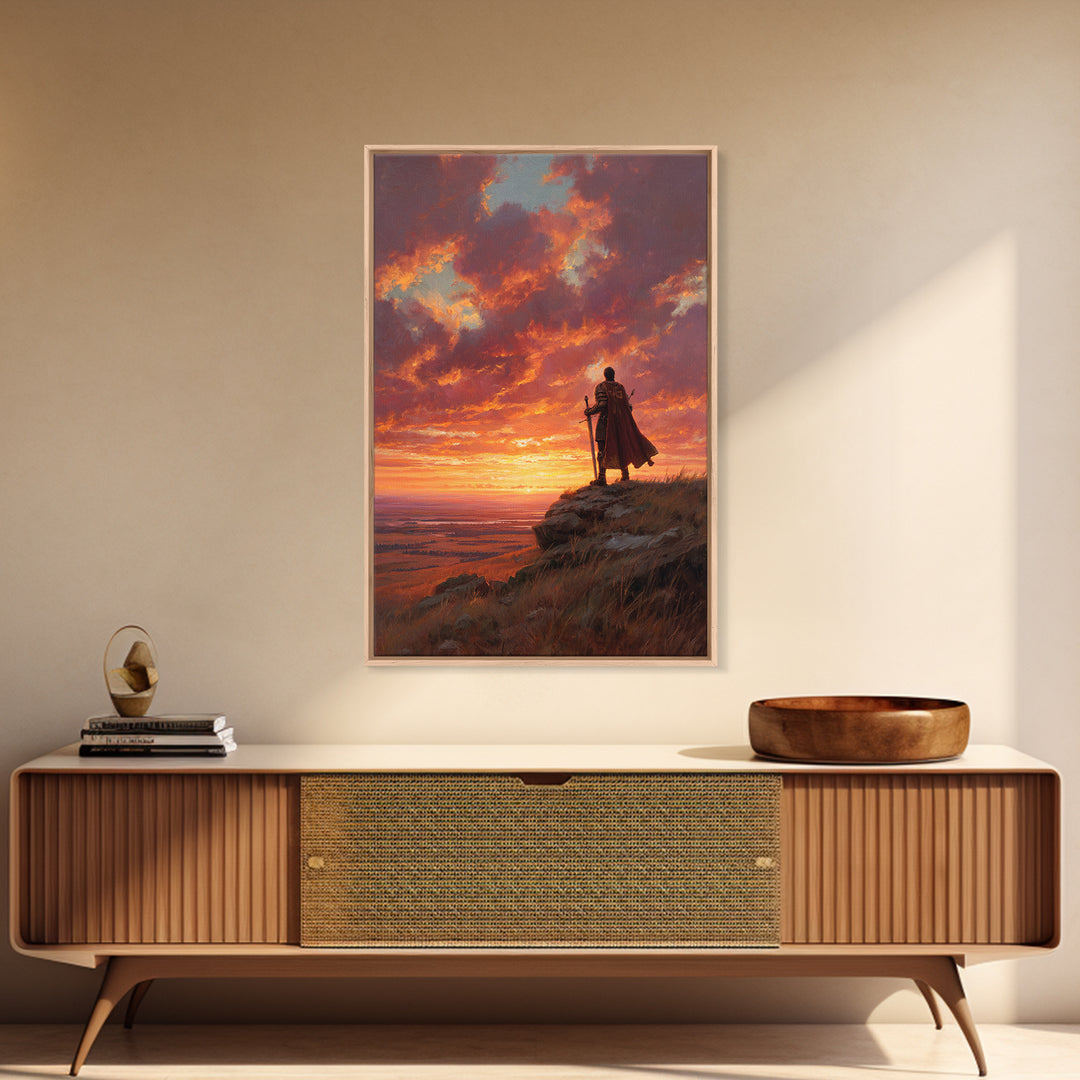 Heroic Knight Standing On Cliff At Sunset Dramatic Landscape Wall Art Large Framed Canvas Print For Living Room Decor