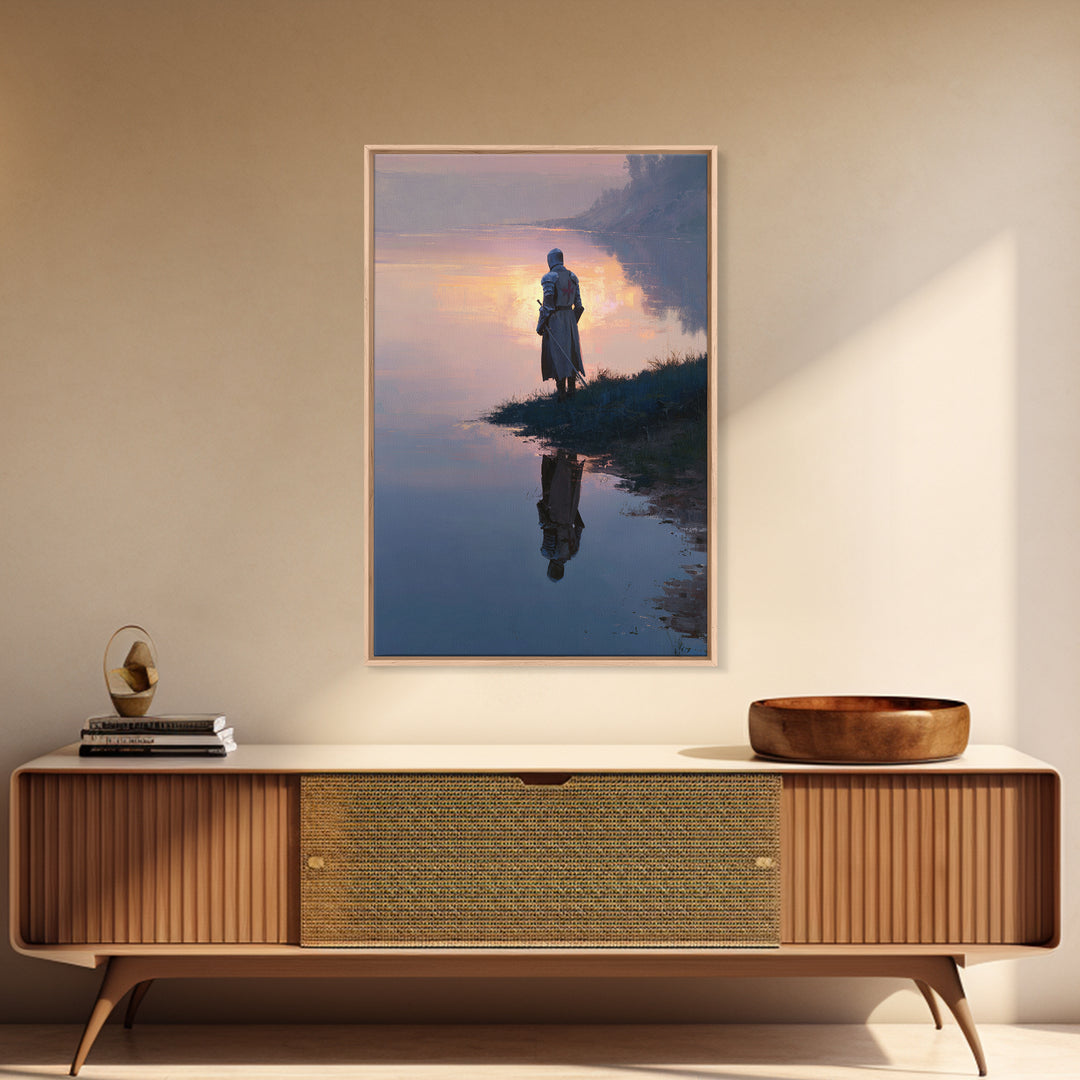 Knight In Sunlight Praying Under Mighty Oak Tree Painting Medieval Religious Wall Decor Framed Canvas Print For Home Office Or Spiritual Wall Art