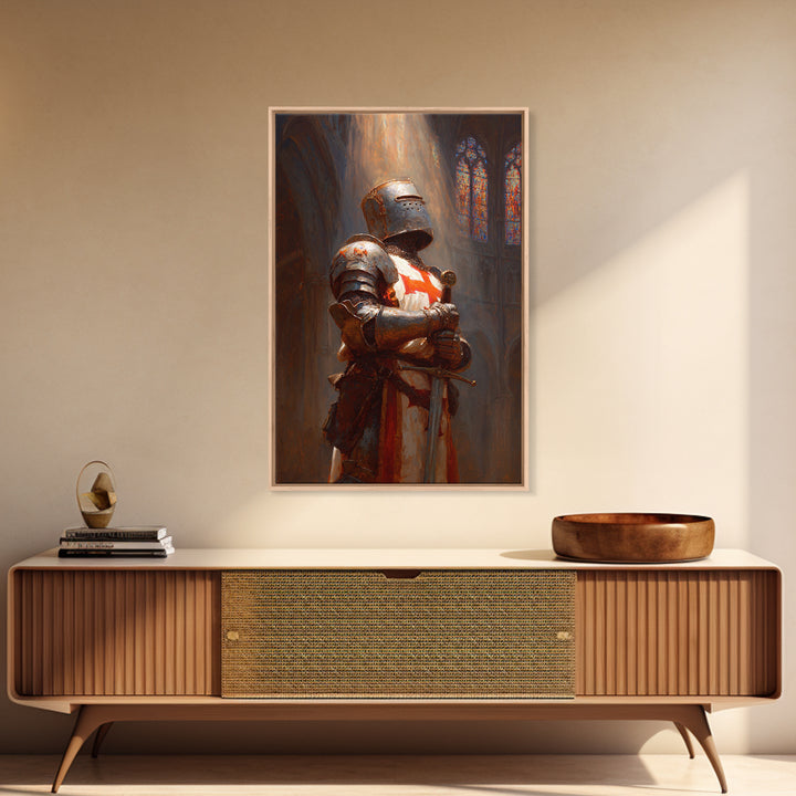 Crusader Knight In Cathedral Sunlight Oil Painting Wall Art Framed Canvas Print Medieval Historical Artwork For Man Cave