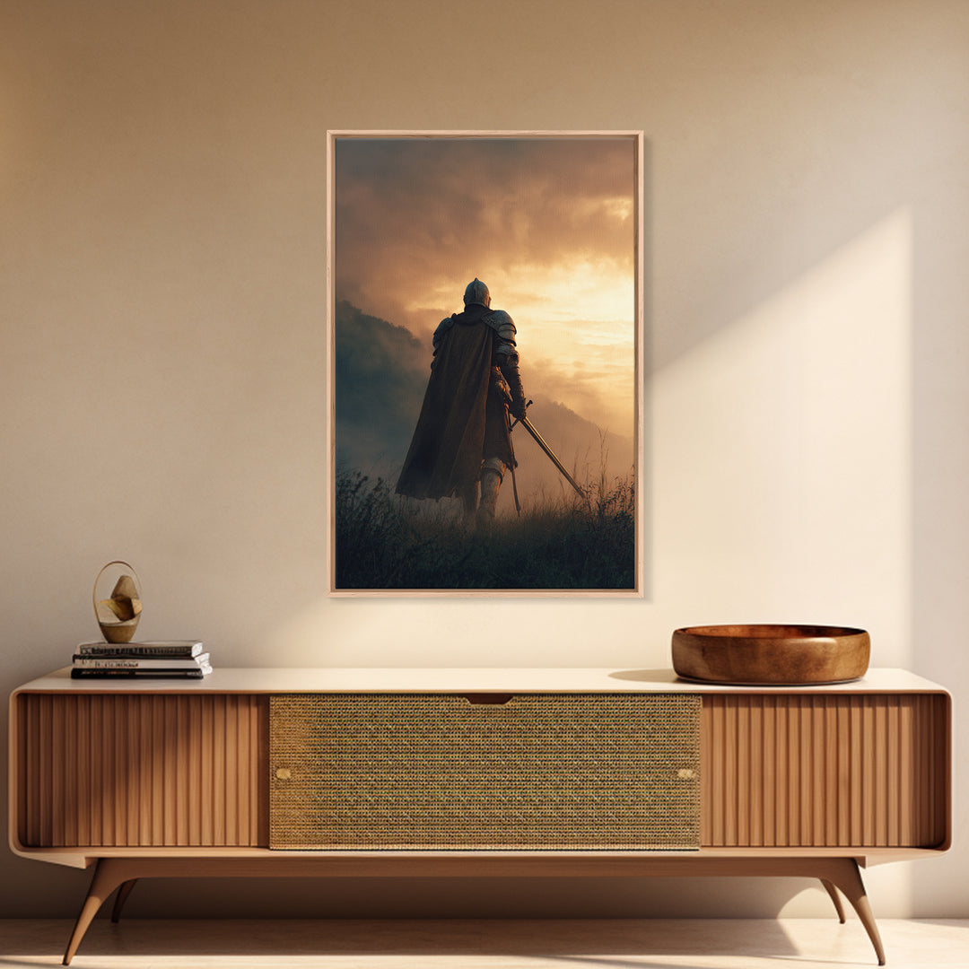 Knight In Shining Armor Facing Dramatic Sky Digital Painting Canvas Print Wall Art For Medieval Decor And Fantasy Ambiance