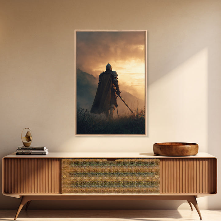 Knight In Shining Armor Facing Dramatic Sky Digital Painting Canvas Print Wall Art For Medieval Decor And Fantasy Ambiance
