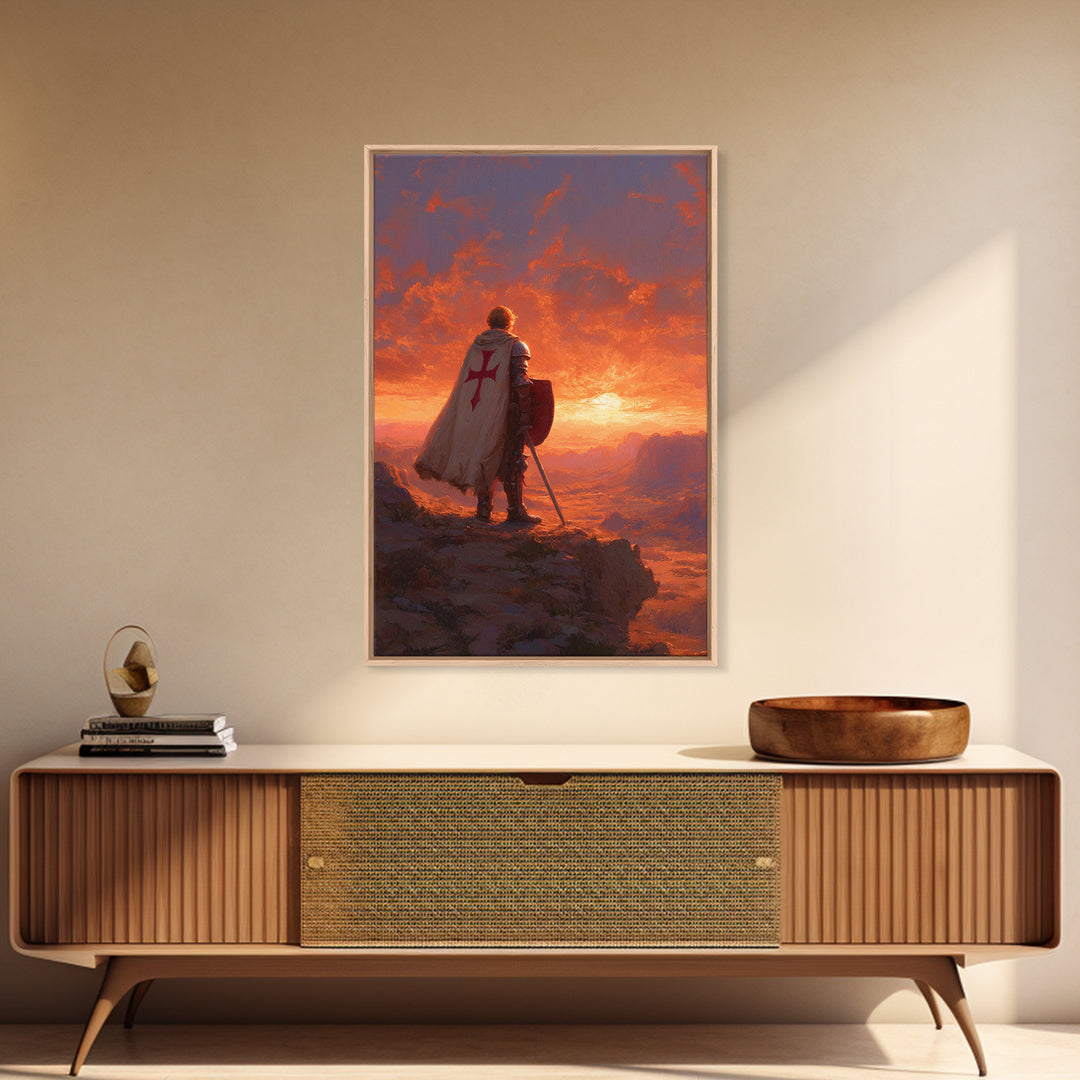 Crusader Knight Standing At Sunset Dramatic Historical Painting Canvas Print Wall Art Medieval Art For Home And Office Decor