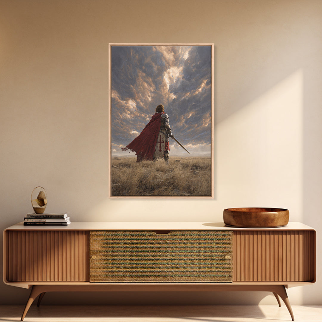 Majestic Knight Kneeling With Sword On Ground Under Dramatic Skies - Captivating Framed Canvas Print For Home