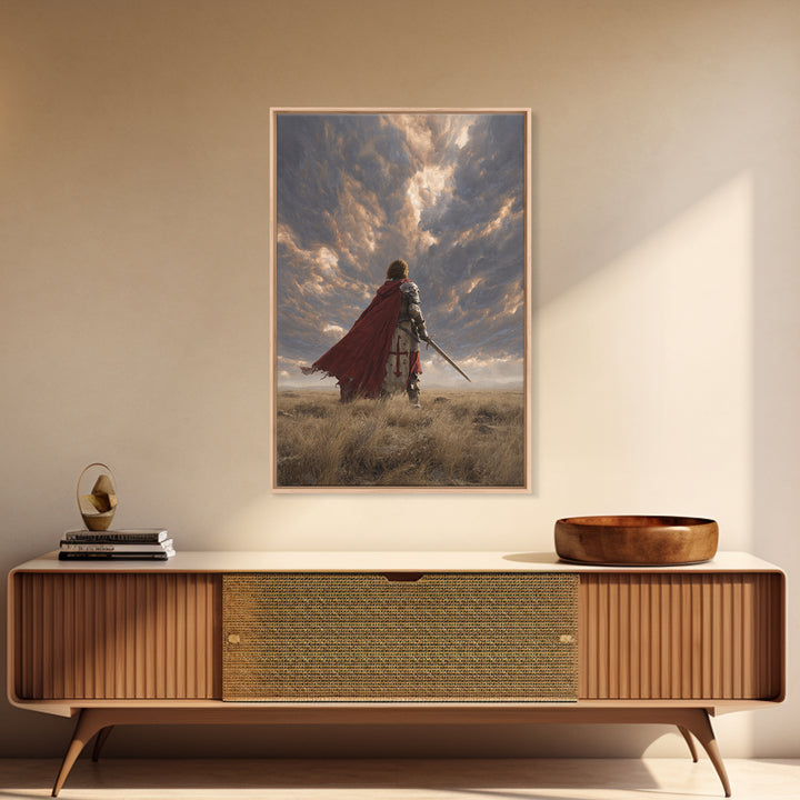 Majestic Knight Kneeling With Sword On Ground Under Dramatic Skies - Captivating Framed Canvas Print For Home