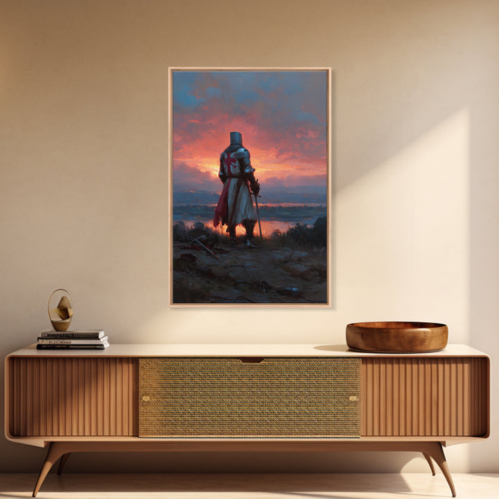 Knight In Armor At Sunset Painting Dramatic Landscape With Medieval Warrior Exploring Emotional Wall Art For Office Decor Or Living Room Framed Canvas Print