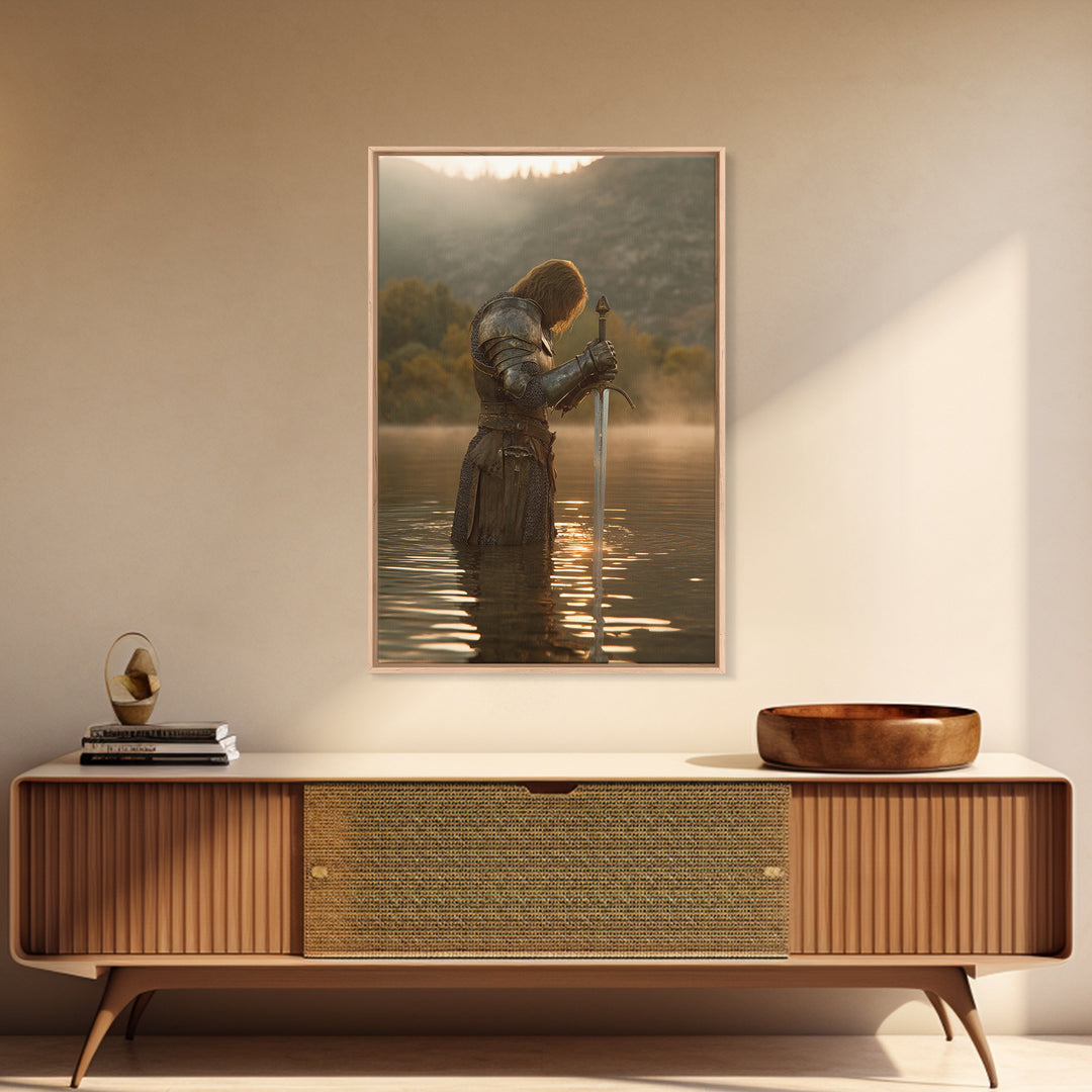 Medieval Knight Standing In Water Holding Sword Dramatic Warrior Wall Art Canvas Print For Man Cave Decor