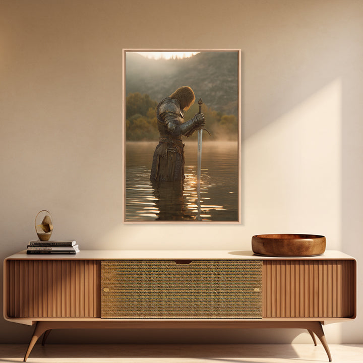 Medieval Knight Standing In Water Holding Sword Dramatic Warrior Wall Art Canvas Print For Man Cave Decor