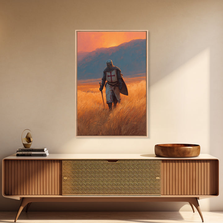 Medieval Knight In Armor With Sword Walking Through Golden Field At Sunset Wall Art Framed Canvas Print