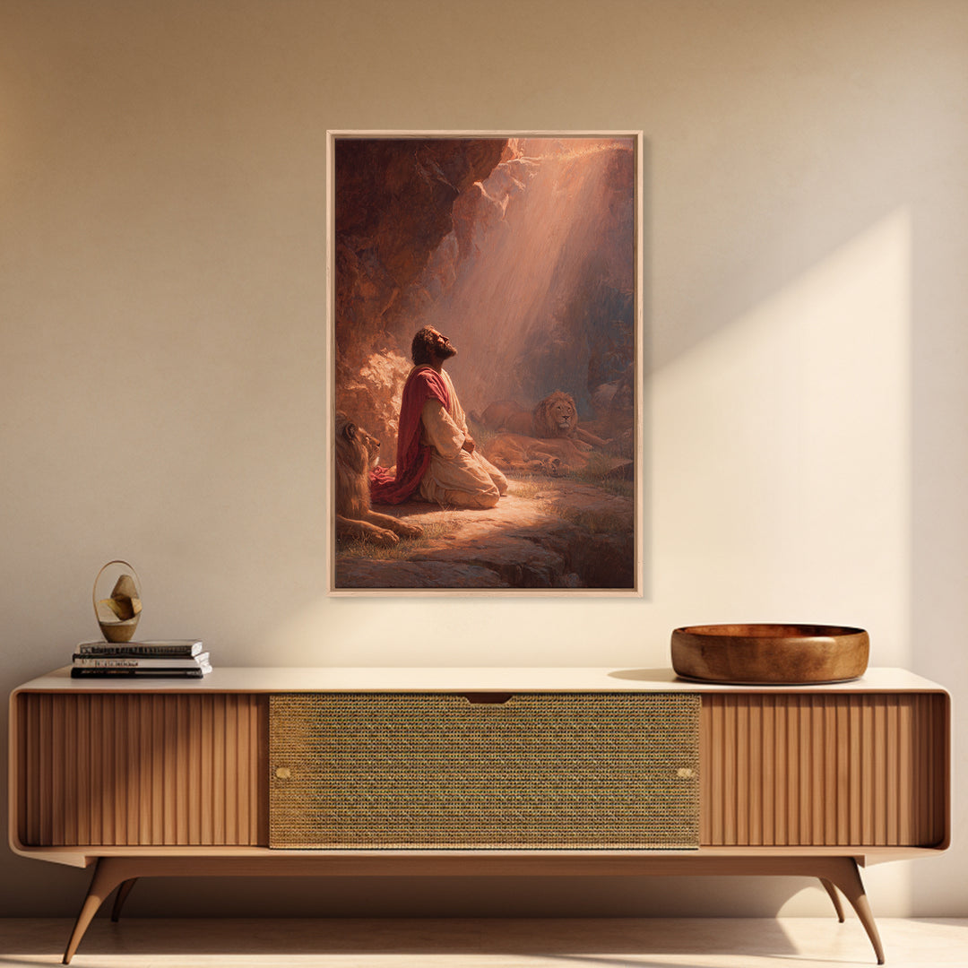 Praying Man With Lions In Dramatic Light Spiritual Christian Art Framed Canvas Print For Home Decor