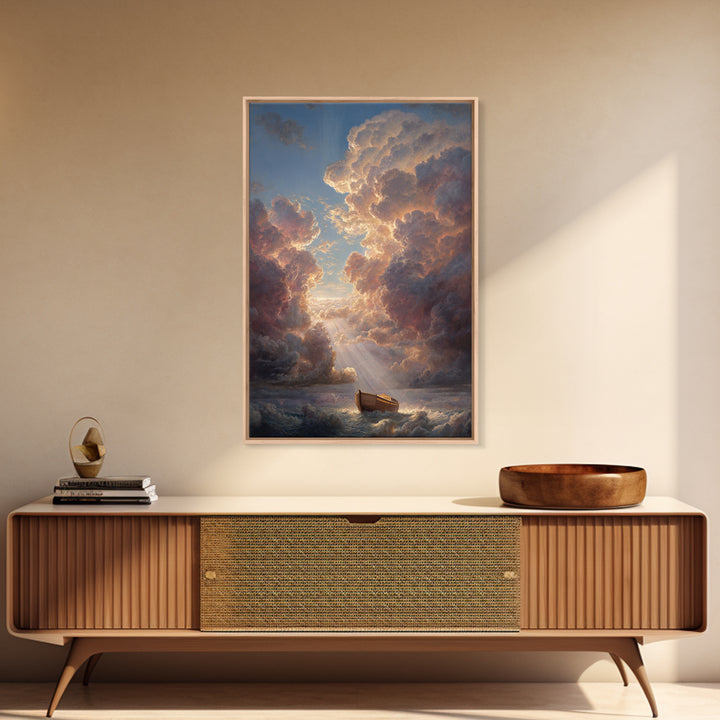 Sunset Clouds And Ark On Stormy Seas Dramatic Landscape Oil Painting Wall Art For Coastal Home Decor Or Nautical Gift