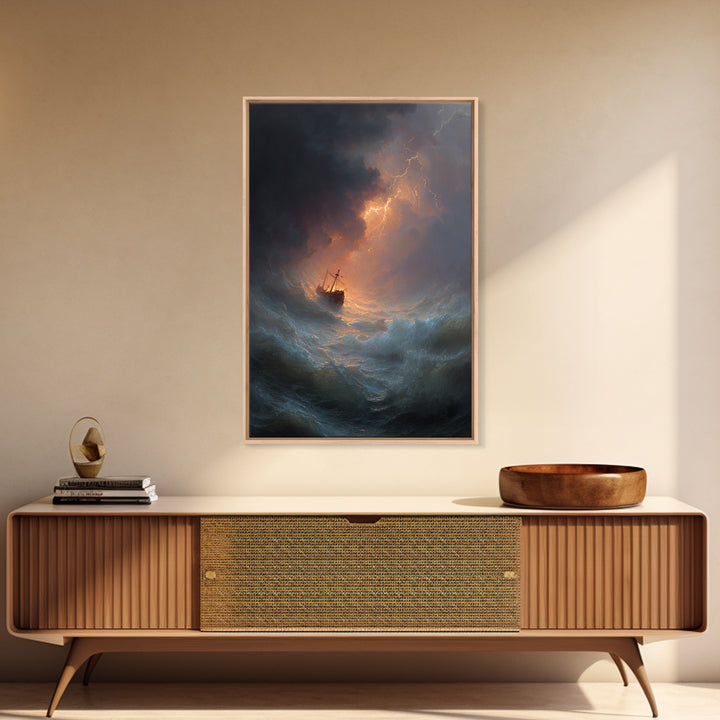 Ship In Stormy Sea With Lightning Strikes Dramatic Ocean Scene Oil Painting Wall Art Canvas Print