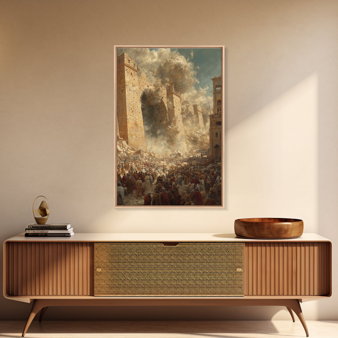 Historic Siege Scene With Crowds And Stone Walls Dramatic Wall Art Framed Canvas Print For Living Room Decoration
