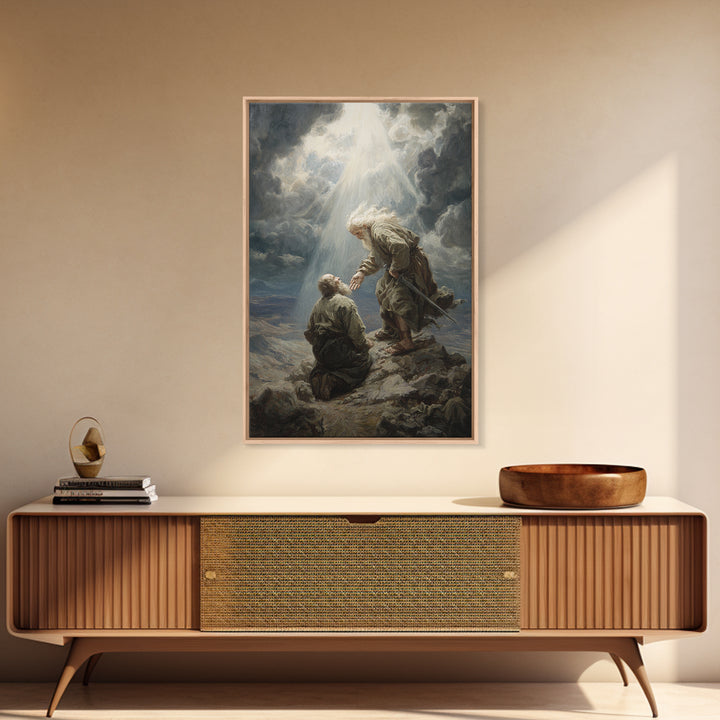 Biblical Scene Of Two Men On Rocky Landscape With Light Ray Spiritual Wall Art Framed Canvas Print For Christian Home Decor
