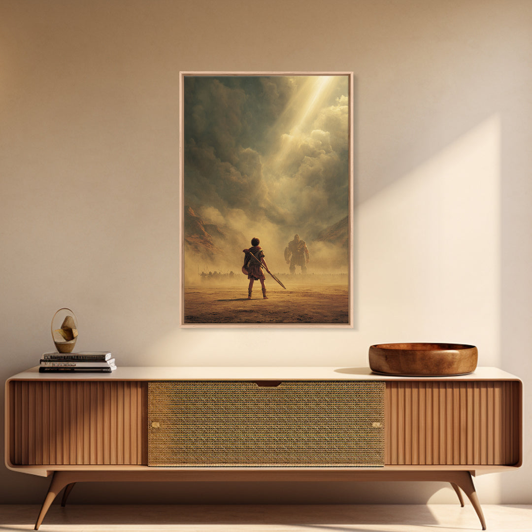 Epic Ancient Warrior Facing Giant In Dramatic Dusty Battlefield Sunlight Wall Art Framed Canvas Print For Living Room Decor