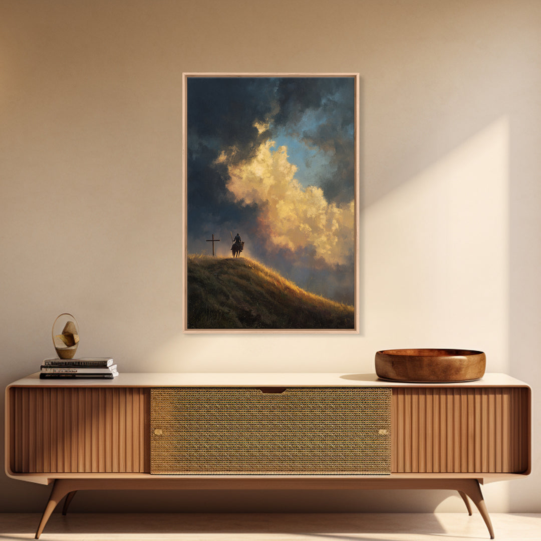 Dramatic Sky Over Stormy Hillside With Sun Rays Landscape Oil Painting Wall Art Framed Canvas Print