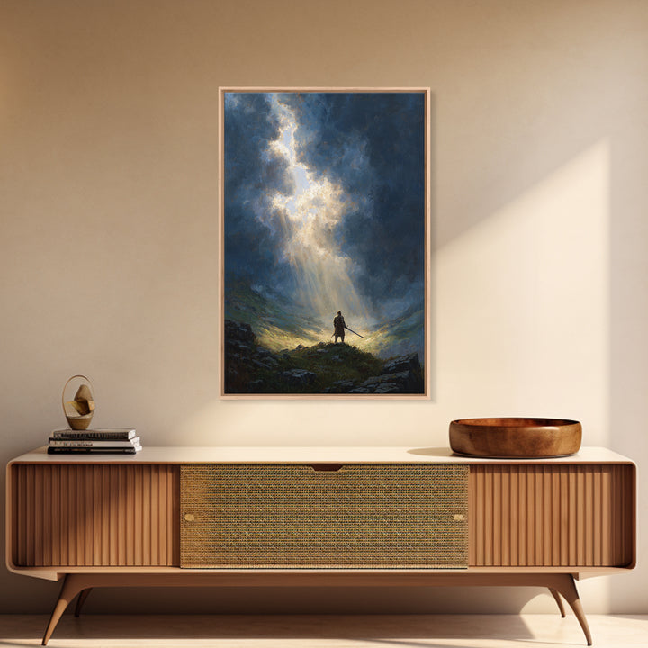 Dramatic Epic Knight Standing Among Mountains With Sword Overlooking Landscape Inspirational Wall Art Canvas Print