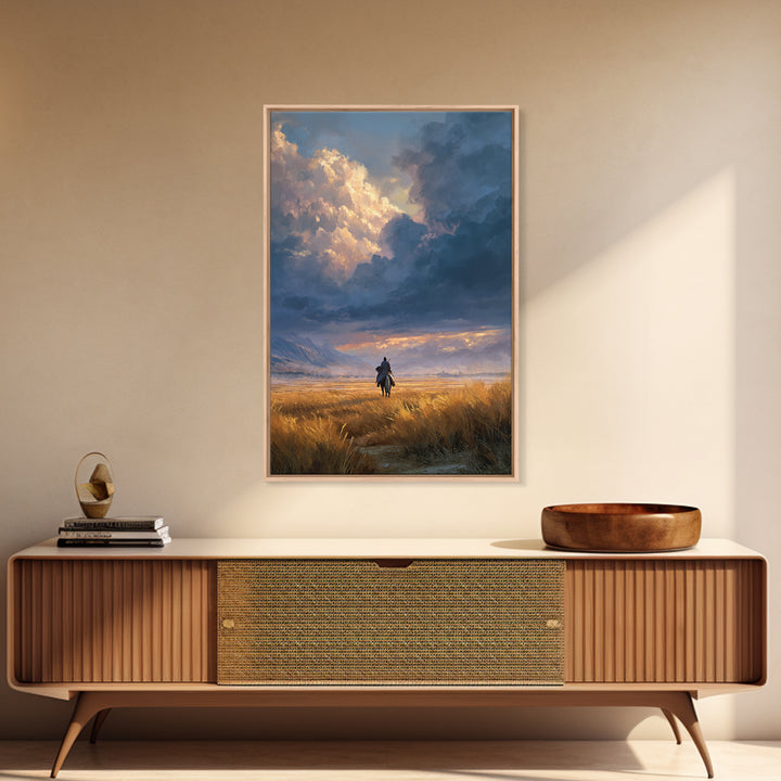 Lonely Rider In Vast Field With Dramatic Sky Landscape Painting Wall Art Framed Canvas Print