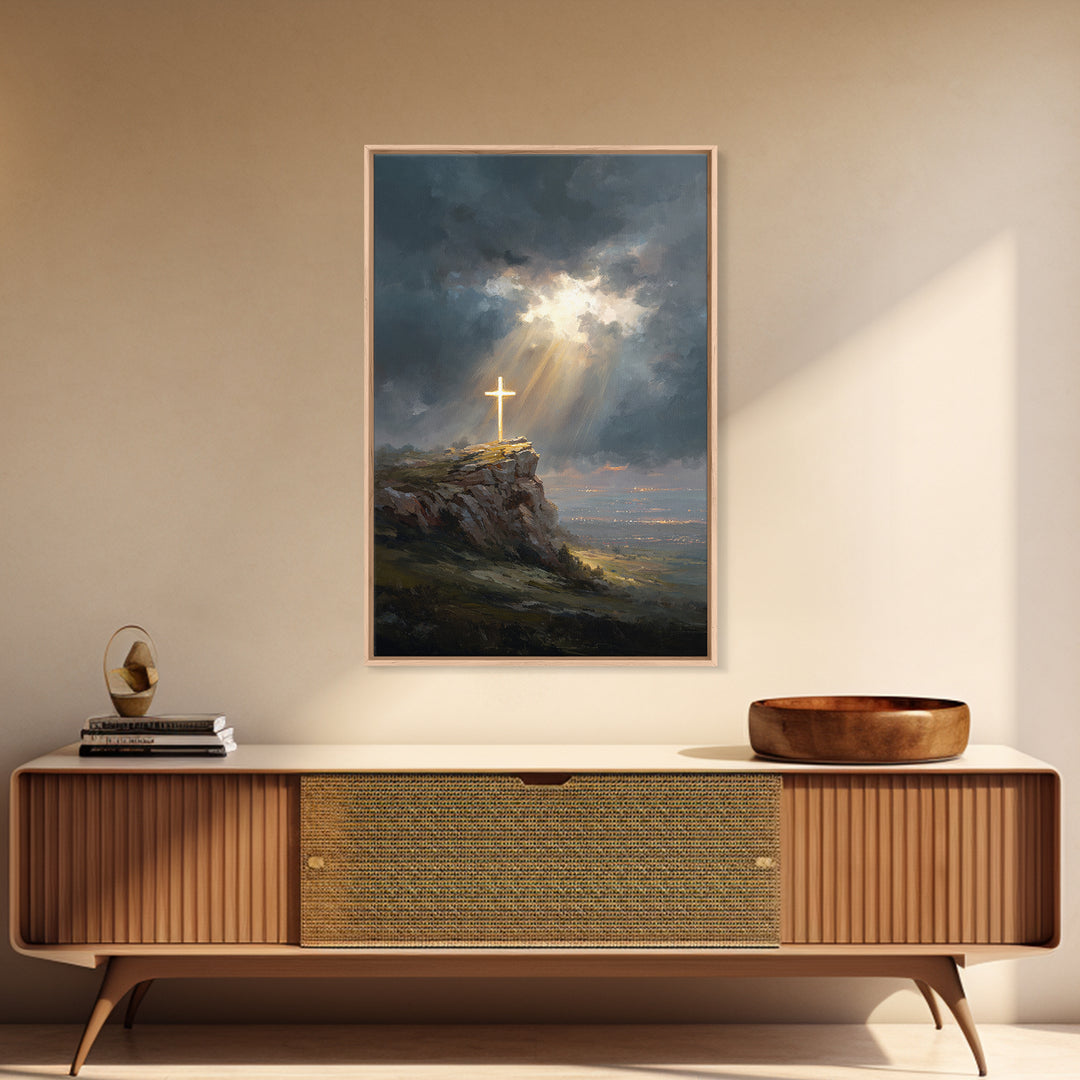 Dramatic Light Over Cliff Cross Spiritual Wall Art Framed Canvas Print For Inspirational Religious Home Decor Or Gift