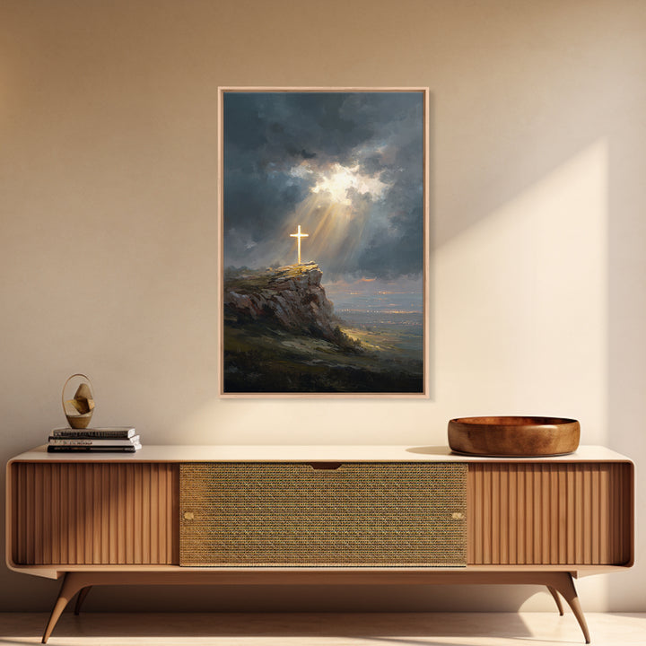 Dramatic Light Over Cliff Cross Spiritual Wall Art Framed Canvas Print For Inspirational Religious Home Decor Or Gift