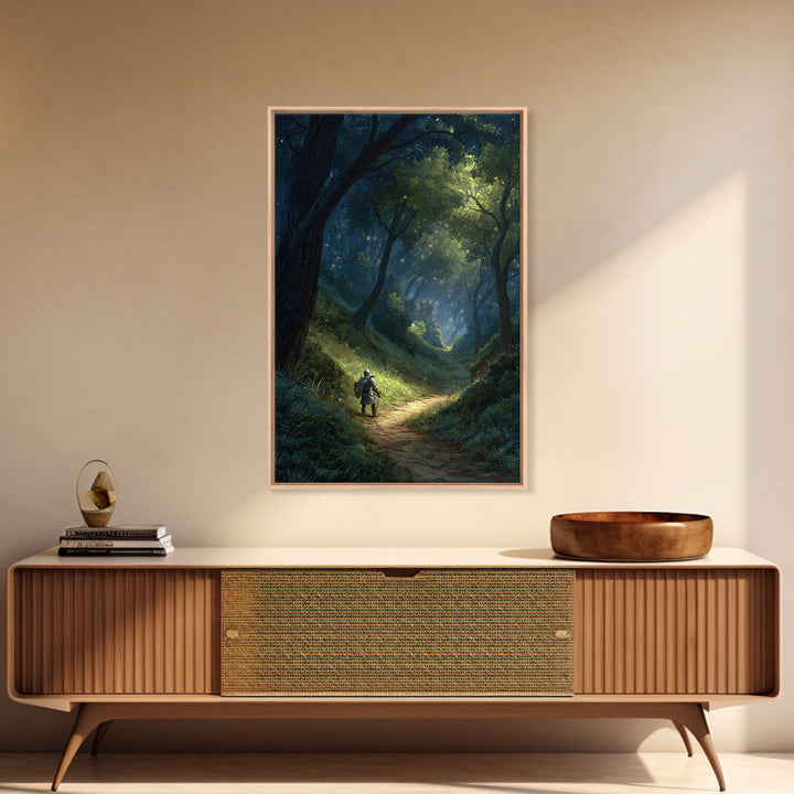 Majestic Knight on Trail in Enchanted Forest Fantasy Art Wall Art Canvas Print For Game Room or Bedroom Decor
