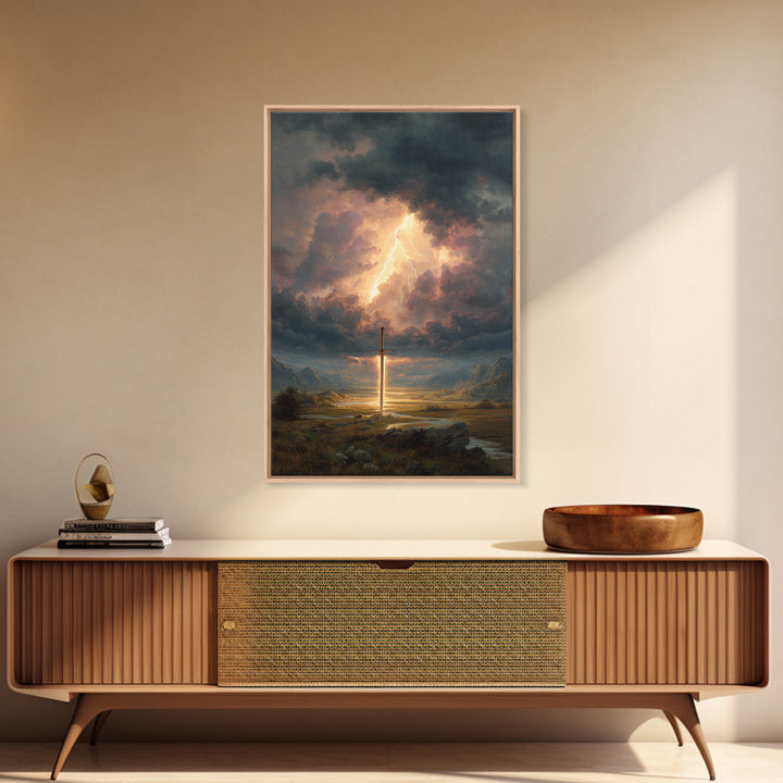 Epic Sword Lightning Storm Fantasy Wall Art Digital Painting Canvas Print For Fantasy Lovers And Gaming Room Decor