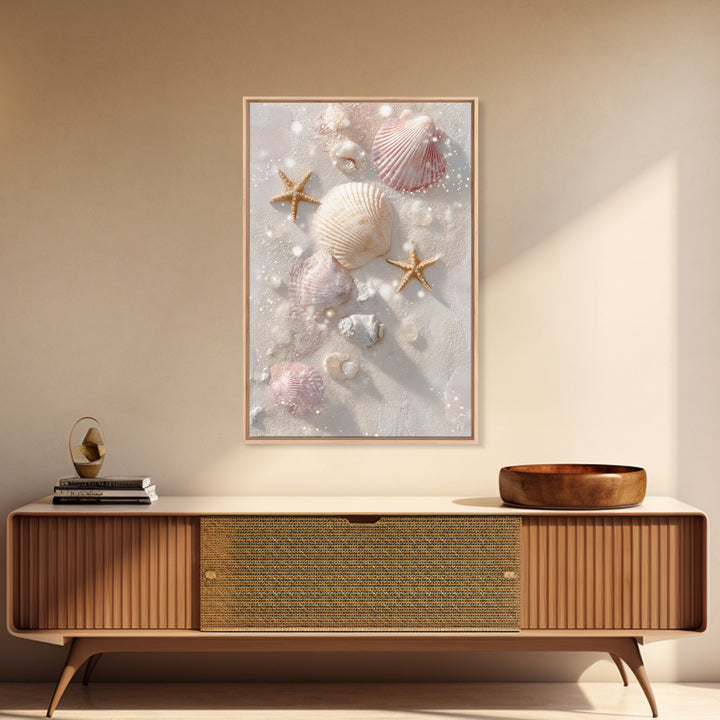 Pastel Seashells And Starfish Canvas Print, Coastal Wall Art, Beach House Decor, Ocean Bathroom Art, Gift For Her, Nautical Decor